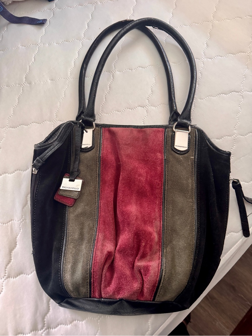Tignanello Multicolor Suede & Leather Tote - Black, Burgendy, Grey